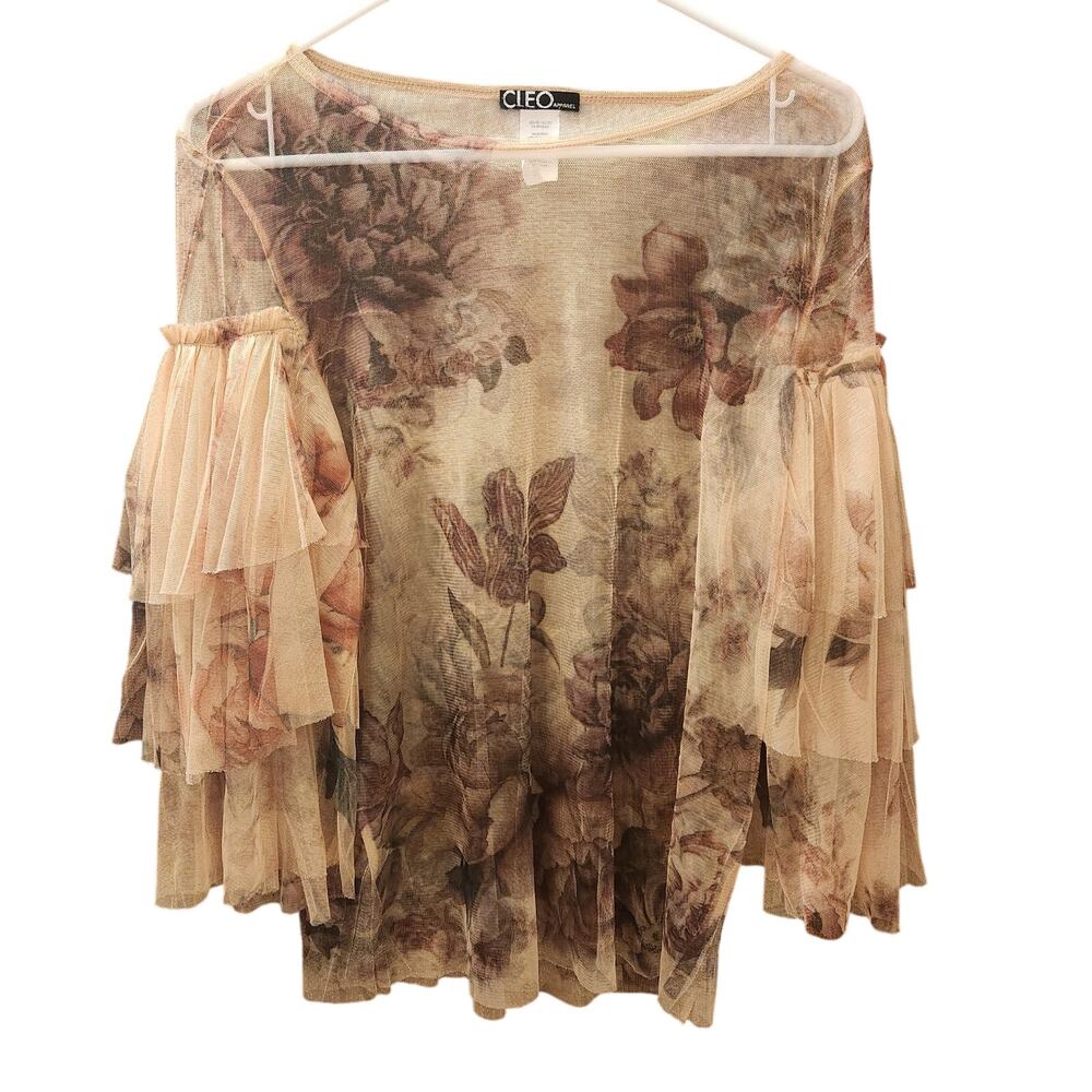 Cleo Apparel Y2K Floral Sheer Mesh Tiered Ruffle Sleeve Top XL Stretch